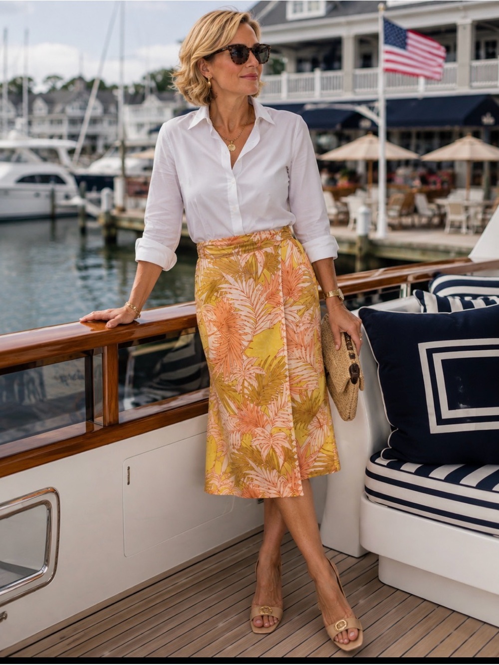 Tahari Yellow and Peach Palm-Print Midi Linen Skirt